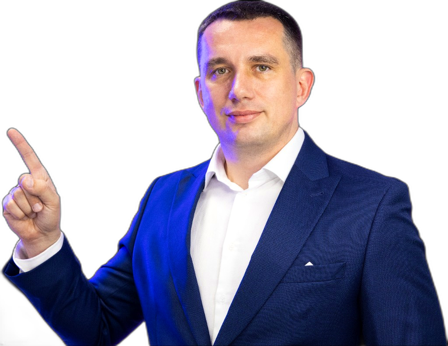 A Droptica advisor in a navy suit pointing upward