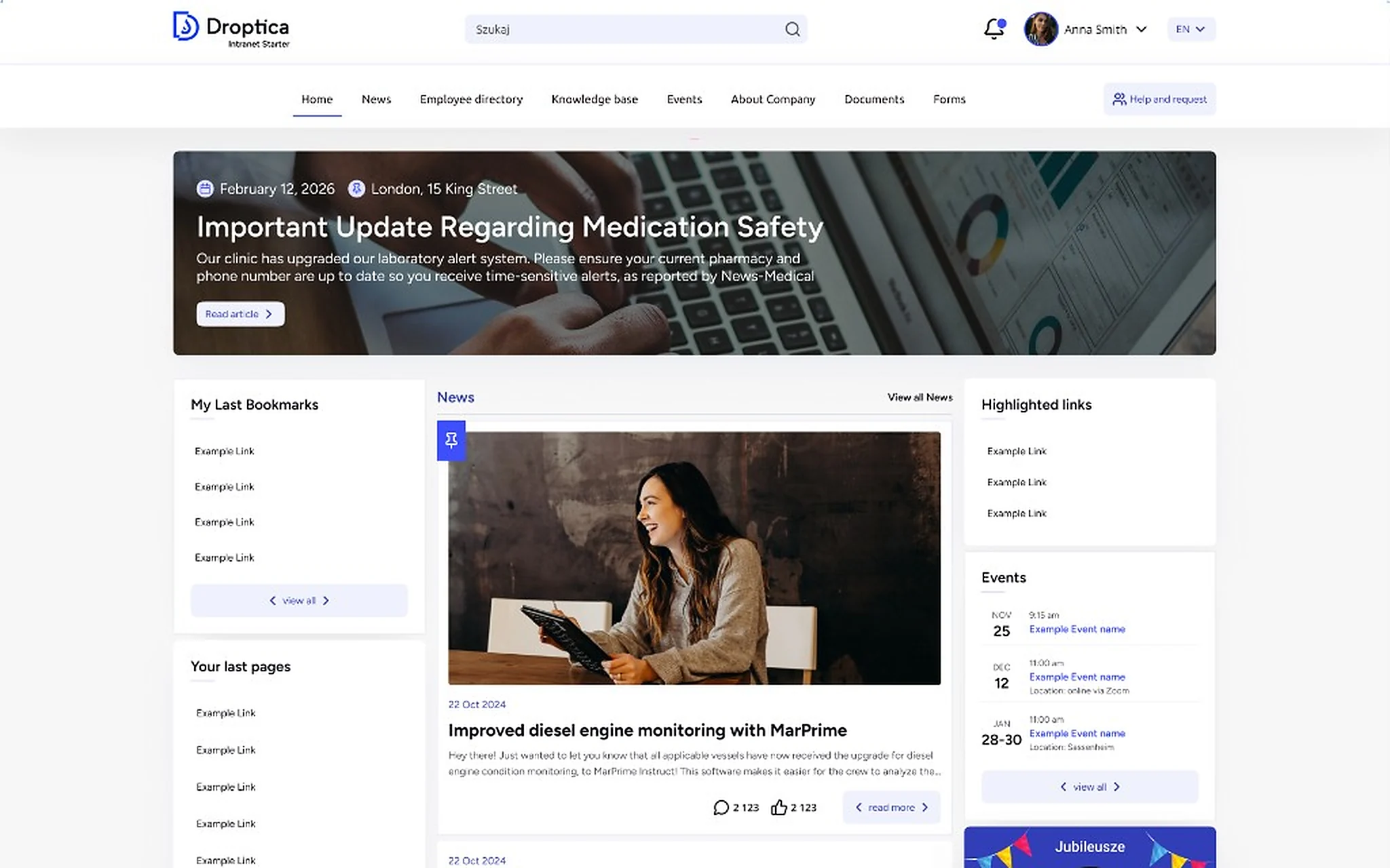 Open Intranet dashboard showing news feed, notifications, and employee directory